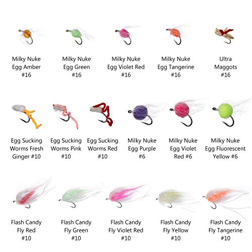 BASSDASH Fly Fishing Flies Kit Fly Assortment Trout Bass Fishing with Fly Box with Dry/Wet Flies, Nymphs, Streamers, Popper - style: 57pcs Barbed Steelhead/Salmon/Trout Flies