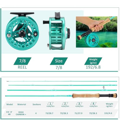Sougayilang Fly Fishing Combo, 4 Piece Fly Rod and CNC Machined Aluminum Alloy Reel Complete Starter Package with Rod Bag - color: Fly Fishing Combo #8-Turquoisee