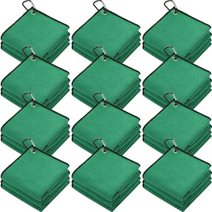 Batiyeer 12 Pcs Golf Towel Bulk for Golf Bags Microfiber Fabric Towel with Clip Waffle Pattern, Fitness, Camping, Hiking, Yoga - color: Dark Green