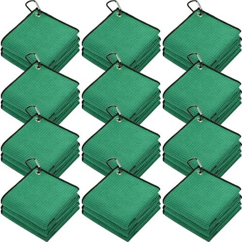 Batiyeer 12 Pcs Golf Towel Bulk for Golf Bags Microfiber Fabric Towel with Clip Waffle Pattern, Fitness, Camping, Hiking, Yoga - color: Dark Green