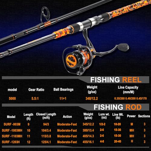 Sougayilang 3 Piece Surf Fishing Rod Combo Medium/Heavy Travel Spinning Rod with 4000/5000 Size Reel Baitfeeder Combo(9'/10'/11'12') - color: orange, size: 12ft-Spinning-3Pc-H
