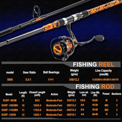 Sougayilang 3 Piece Surf Fishing Rod Combo Medium/Heavy Travel Spinning Rod with 4000/5000 Size Reel Baitfeeder Combo(9'/10'/11'12') - color: orange, size: 12ft-Spinning-3Pc-H