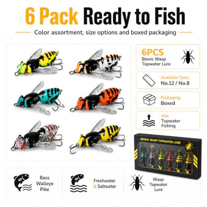 6Pack Bionic Wasp Topwater Lure,Top Water Fishing Lures,Topwater Lures for Bass Walleye Pike,2026 Wasp Crawl Bait for Freshwater and Saltwater-Floating Hard Bait w/Carbon Steel Treble Hooks - size: No. 8