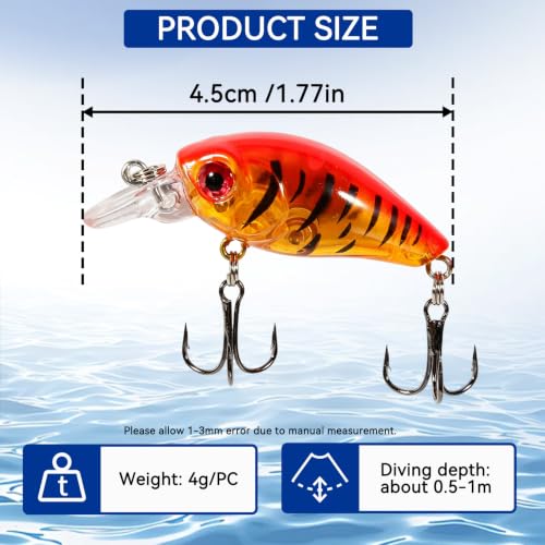 9PCS/Bag Mini Crankbait, Bass Fishing Lures Kit Set, 3D Eye Panfish Lures Plastic Crankbait Fishing Lures Hooks Topwater Hard Baits for Saltwater/Freshwater Fishing, 4.5cm/4g