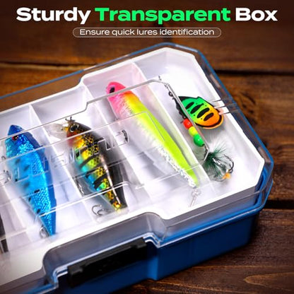 PLUSINNO Fishing Lures Tackle Box Gear Kit with Tackle Included, 373 PCS | Waterproof, Compact & Customizable, for Bass Trout, Freshwater Topwater, 16 Rigs, Fishing Gifts for Men Starter - color: Blue 373 PCS Lures Box