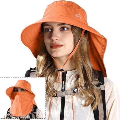 Rosoz Sun Hat for Men Women with Neck Flap,Wide Brim UPF50+ Fishing Hat with Detachable Face Cover Outdoor Sun Protection Hat - color: 1pack-orange