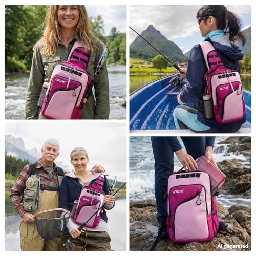 Goture Pink Fishing Tackle Bag, 1680D Water-Resistant Sling Fishing Backpack with Rod Holder, Anti-Slip Waist Strap, 3 Fishing Tackle Boxes, Fishing Gifts for Women Girls - color: Pink, style: 1680d Double-strand Pu Backpack + (3)3600 Trays