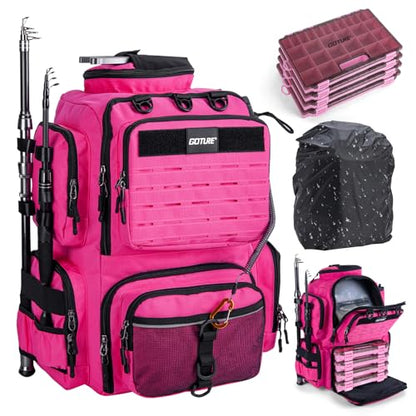 Goture Fishing Backpack with 4 Tackle Boxes,900D Water-Resistant Tackle Backpack with Rod Holders,45L Large Fishing Bag Storage Gear Tackle Bag with Rain Cover,Bottle Holder for Travel Camping Hiking - color: B3:pink With 4 Tackle Boxes