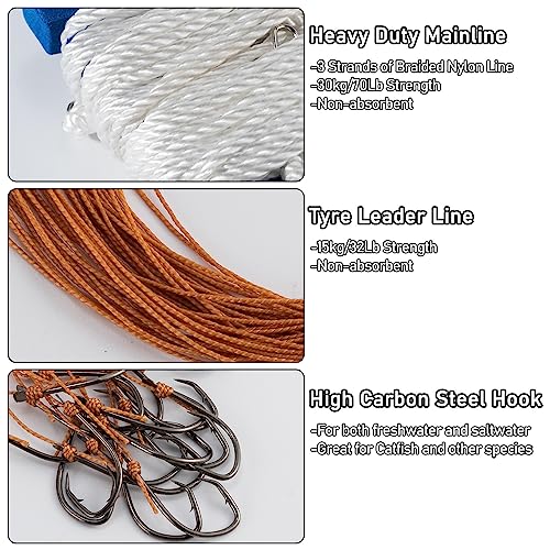 Dr.Fish 100/295ft Trotline Fishing Set up 20/60 Hooks Twine Pre-Rigged Snaps Leader for Traditional Dropline Catfishing Gear Kit Catfish Rig Catfishing Tackle - color: 295FT/60 Hooks and Snaps, size: #6 Hooks