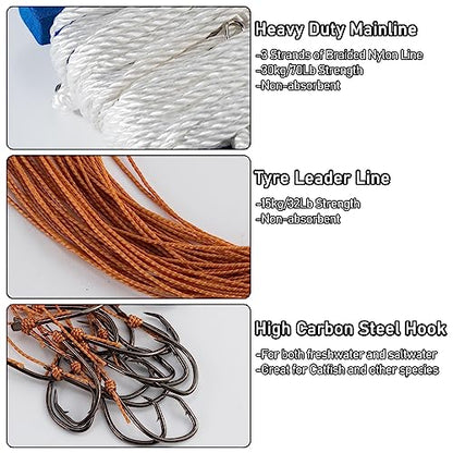 Dr.Fish 100/295ft Trotline Fishing Set up 20/60 Hooks Twine Pre-Rigged Snaps Leader for Traditional Dropline Catfishing Gear Kit Catfish Rig Catfishing Tackle - color: 295FT/60 Hooks and Snaps, size: #6 Hooks