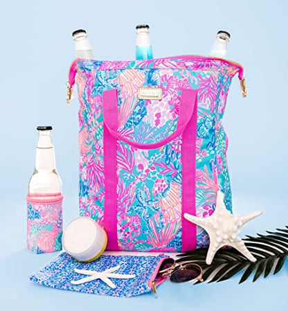 Lilly Pulitzer Water Resistant Vinyl Beach Day Pouch, Zipper Bag Includes Drink Hugger, Small Pouch, and Towel Clips - color: Splendor in the Sand
