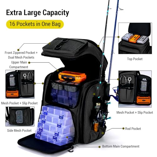 Lixada Fishing Backpack with Rod Holder, 42L Large Capacity Waterproof Oxford Fabric Tackle Backpack for Fishing, Hiking, Camping, 31x28x48cm Black Fishing Gear Bag - color: Black