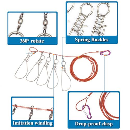 Tackle Live Fish Stainless Steel Stringer Clip Fishing Stringer Big Wire Rope Cable Fishing Holder Set Stainless Steel Clip