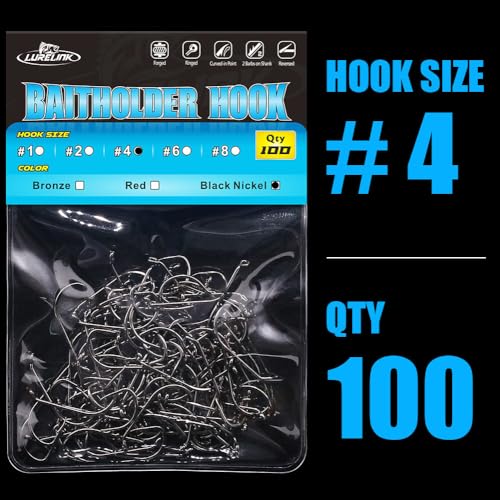 Baitholder Fishing Hooks 100 Pack - Double-Barbed Long Shank for Bluegill Bass Trout Walleye Black/Red, 8/0-#8 - color: 2-Black, size: Size:4 100-Pack