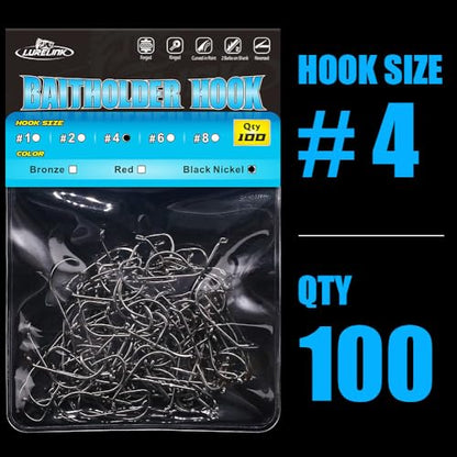 Baitholder Fishing Hooks 100 Pack - Double-Barbed Long Shank for Bluegill Bass Trout Walleye Black/Red, 8/0-#8 - color: 2-Black, size: Size:4 100-Pack