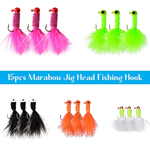 Fishing Jig Heads Crappie Jigs, 25pcs Marabou Jigs Lures Round Ball Head Jig Hooks Hair Jig Feather Fishing Lures for Bass Sunfish Trout Walleye Panfish 1/8oz 1/16oz 1/32oz - size: 3 Sizes Mixed-15pcs