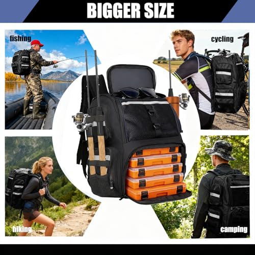 45L Fishing Tackle Backpack with Rod Holders, Waterproof Large Fishing Back Pack Storage Bags & Wraps Gear And Equipment for Men for Camping Hiking, Bottle Holder - color: Black