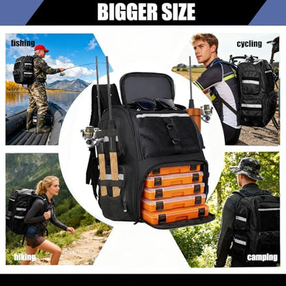 45L Fishing Tackle Backpack with Rod Holders, Waterproof Large Fishing Back Pack Storage Bags & Wraps Gear And Equipment for Men for Camping Hiking, Bottle Holder - color: Black