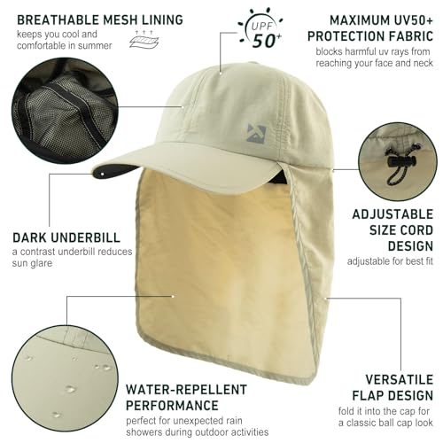 TOP-EX L/XL/XXL UV50+ Waterproof Neck Flap Baseball Sun Cap - color: Beige, size: XX-Large