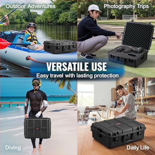 VEVOR Weatherproof Hard Case, Heavy Duty Protective Dry Box with Pre-cut Foam, and Retractable Pull Handles for Travel, Hunting, Military, Tactical, IP67 Waterproof Case for Cameras (24.4×19.3×8.9) - size: 24.41 x 19.29 x 8.86 in