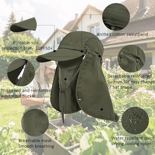 2Pack Men’s Foldable Sun Hat with Removable Face Mask & Neck Flap, UPF 50+ UV Protection, Quick-Drying Outdoor Fishing Cap - color: Light Grey+army Green