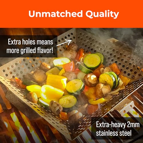 Heavy-Duty Stainless Steel Grill Basket – 12" x 13.75" Large BBQ Basket with Removable Handle – Durable Grilling Basket for Vegetables & Meat – Outdoor Cooking Accessory for Gas & Charcoal Grills - size: w/out Scrub Sponges