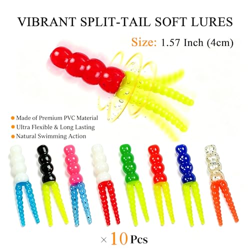 100PCS Crappie Lures Kit, Split Tail Soft Plastic Baits & 3 Sizes Jig Heads 1/32oz 1/16oz 1/8oz, Panfish Bluegill Shad Minnow Fishing Jig Lures Complete Tackle Box Set - size: 20pcs 1/8oz Jig Heads + 80pcs Soft Lures Combo
