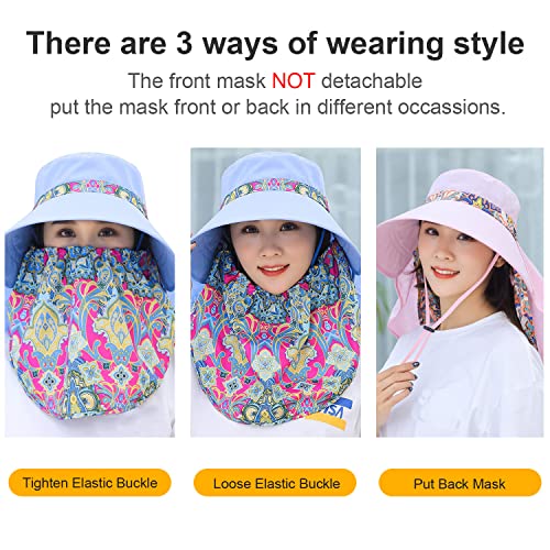 Women Wide Brim Face Mask Sun Hat Detachable Neck Face Flap Ponytail UV Protection Visor Hat Garden Fishing Hiking - color: M9099-tianlan