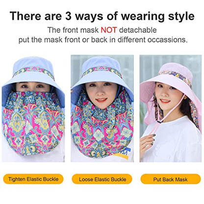 Women Wide Brim Face Mask Sun Hat Detachable Neck Face Flap Ponytail UV Protection Visor Hat Garden Fishing Hiking - color: M9099-tianlan