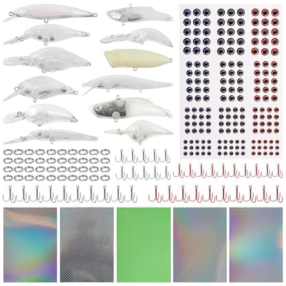 Unpainted Fishing Lures DIY Minnow Kit - 280/363pcs Blank Hard Crankbait Set Pliers Scissors,Treble Hooks,Split Rings,Stickers,3D Eyes for Making Lures DIY Fishing Tackle Kit - color: 280pcs kit