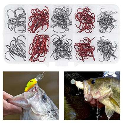 Fishing Treble Hooks Kit, Sharp Replacement Treble Hooks for Lures Baits, High Carbon Steel Fishing Hooks with Stainless Steel Split Rings Set for Bass Trout Walleye Pike - color: Red+Black_100pcs