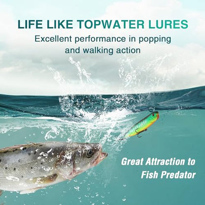 FLISSA 5PCS Top Water Fishing Lures Kits, Bass Fishing Lures for Freshwater & Saltwater, Realistic Hard Bait, Popper Fishing Lure with Treble Hooks for Trout, Bass, Salmon, Walleye Fishing