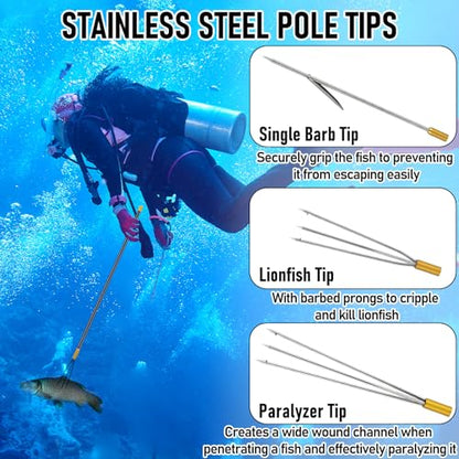 Dr.Fish Spearfishing Kit 6'5" Fiberglass 3-Piece Hawaiian Sling Pole Spear Paralyzer 3 Tips Set Stainless Steel Fishing Stringer Harpoon Travel Bag