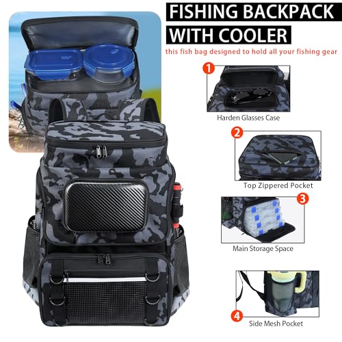 Fishing Backpack with Rod Holder and Tackle Boxes, Cooler, Large 50L Fishing Gear Bag with 139 Fishing Lures Kit, Fish Tool Set, Fish Gifts for Men Woman-Camo Backpack - color: Camo