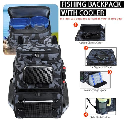Fishing Backpack with Rod Holder and Tackle Boxes, Cooler, Large 50L Fishing Gear Bag with 139 Fishing Lures Kit, Fish Tool Set, Fish Gifts for Men Woman-Camo Backpack - color: Camo