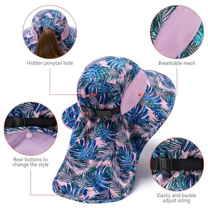 BASSDASH UPF 50+ Unisex Water Resistant Wide Brim Sun Hat with Large Neck Flap Ponytail Fishing Hat for Men Women - color: Palm Leaves/Light Purple