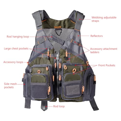 BASSDASH Strap Fishing Vest Adjustable for Men and Women, for Fly Bass Fishing and Outdoor Activities - color: Army Green