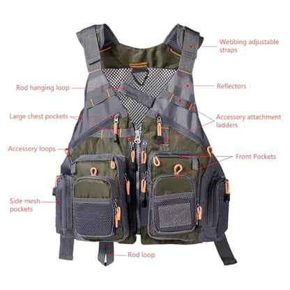 BASSDASH Strap Fishing Vest Adjustable for Men and Women, for Fly Bass Fishing and Outdoor Activities - color: Army Green