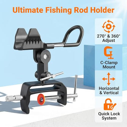 2 Pack Fishing Rod Holder for Boat,Clamp-On 2 Pack, 360° Adjustable, Fits 0.2"–3.1" Gunwales & Edges,Fishing Pole Holder for Boat for Yachts, Fishing Boats, Railings, and Riverbank Round Rails