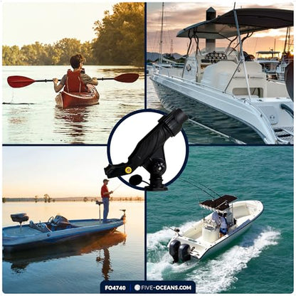 Five Oceans Fishing Rod Holder for Boat with Deck Mount Base, Black, High-Impact Nylon for Boats & Kayaks, Multiple Sizes - style: X-large Rod Holder + Spring-loaded Lock Cap Base