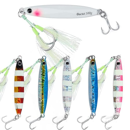Saltwater Fishing Lures Metal Jigs Vertical Jigging Lure with Treble & Double Assist Hooks, 35-100g 6 pack Laser Glow Spoon Speed Sinking Slow Pitching Jig Offshore Targeting Tuna Mahi-Mahi Yellowtail - size: 100g/3.53oz