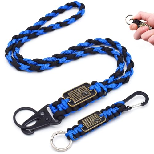 Heavy Duty Braided Paracord Lanyard Keychain with USA Flag, Parachute Rope Necklace Keychains, Braided Strong Lanyard - color: 2 Pcs Black-blue