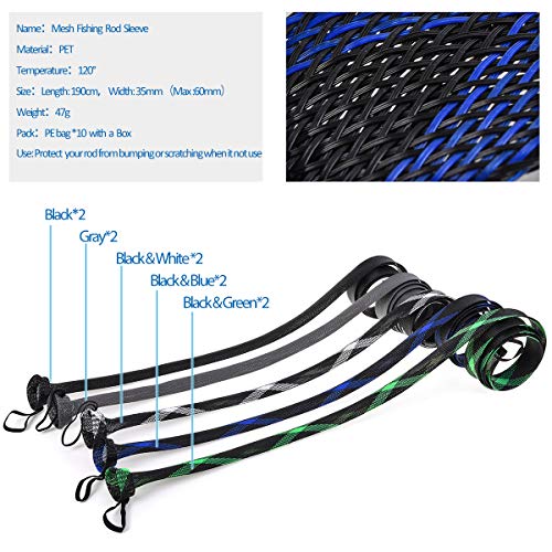 Leo 10 Pcs Rod Sock Sleeve Cover 190cm/74.8inches Braided Mesh Protector Pole Gloves Fishing Tools With Strap for Fly Spinning Casting Sea Rod