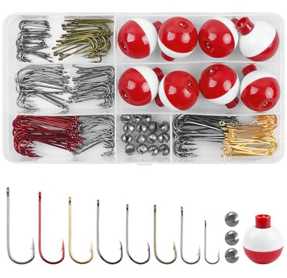 215pcs Fishing Bobbers Hooks and Sinkers, Beginners Fishing Tackle Kit | Basic Handy Fishing Tackle Box Kit for Artificial and Live Baits, Trout Panfish