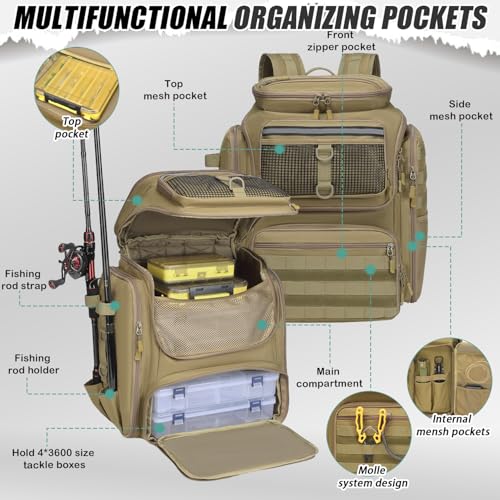 HAMBOLY Fishing Backpack 45L with Rod Holders, Water-Resistant Tackle Backpack for Fishermen, Large Capacity Fishing Gear Bag for Travel Hiking Camping - color: Brown