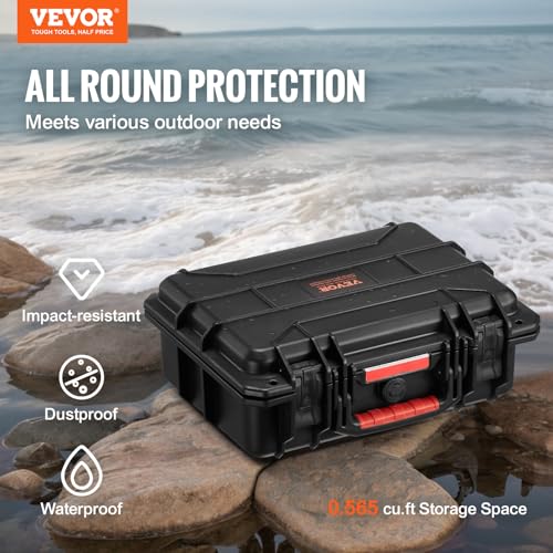 VEVOR Weatherproof Hard Case, Heavy Duty Protective Dry Box with Pre-cut Foam, Retractable Pull Handles for Travel, Hunting, Military, Tactical, IP67 Waterproof Case for Cameras(14.96x11.81x5.51) - size: 14.96 x 11.81 x 5.51 in