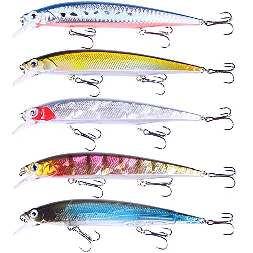Jerk Baits for Bass Fishing, Jerkbait Fishing Lures, Minnow Lures Jerk Bait for Freshwater/Saltwater Fishing Lures for Trout Pike, 5pcs/10pcs with Box - color: I:5.51in/0.64oz/5pcs
