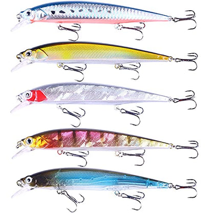 Jerk Baits for Bass Fishing, Jerkbait Fishing Lures, Minnow Lures Jerk Bait for Freshwater/Saltwater Fishing Lures for Trout Pike, 5pcs/10pcs with Box - color: I:5.51in/0.64oz/5pcs