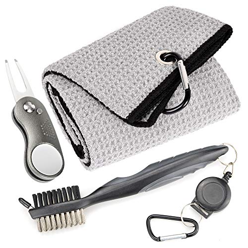 Mile High Life Microfiber Waffle Pattern Golf Towel | Club Groove Cleaner Brush | Foldable Divot Tool with Magnetic Ball Marker (Gray Towel/Brush/Curve Divot) - color: Gray Towel/Brush/Curve Divot