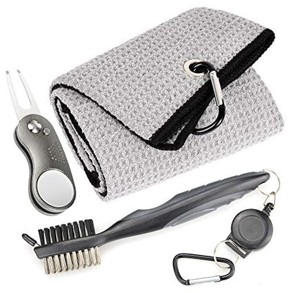 Mile High Life Microfiber Waffle Pattern Golf Towel | Club Groove Cleaner Brush | Foldable Divot Tool with Magnetic Ball Marker (Gray Towel/Brush/Curve Divot) - color: Gray Towel/Brush/Curve Divot